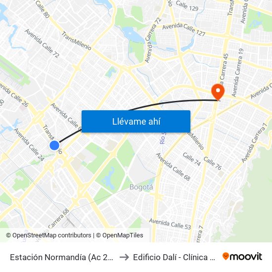 Estación Normandía (Ac 26 - Kr 74) to Edificio Dalí - Clínica Estetica map