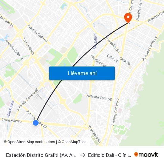Estación Distrito Grafiti (Av. Américas - Kr 53a) to Edificio Dalí - Clínica Estetica map