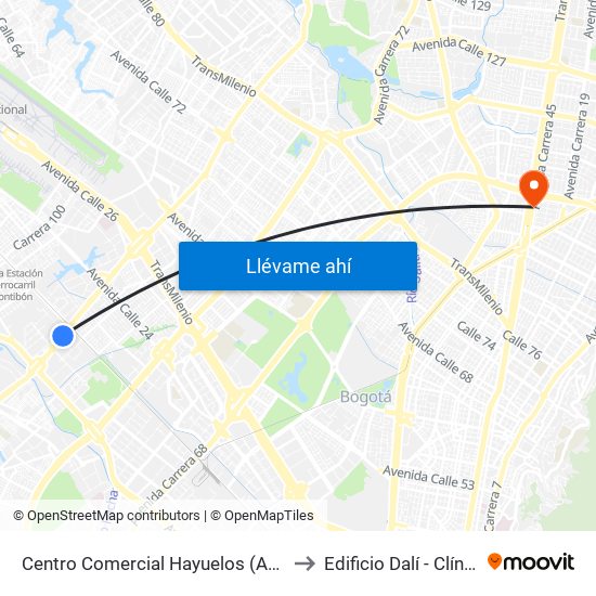 Centro Comercial Hayuelos (Av. C. De Cali - Cl 20) to Edificio Dalí - Clínica Estetica map