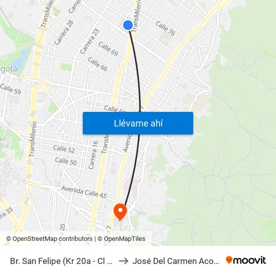 Br. San Felipe (Kr 20a - Cl 74) to José Del Carmen Acosta map