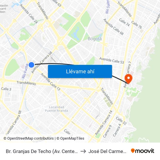 Br. Granjas De Techo (Av. Centenario - Kr 65) to José Del Carmen Acosta map