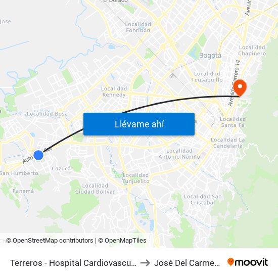 Terreros - Hospital Cardiovascular (Lado Sur) to José Del Carmen Acosta map