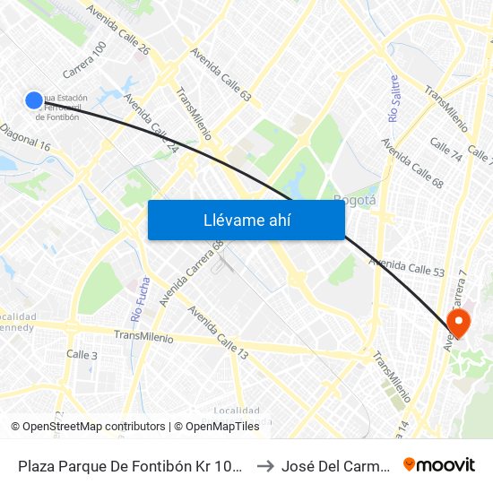 Plaza Parque De Fontibón Kr 100 (Kr 100 - Cl 17a) to José Del Carmen Acosta map
