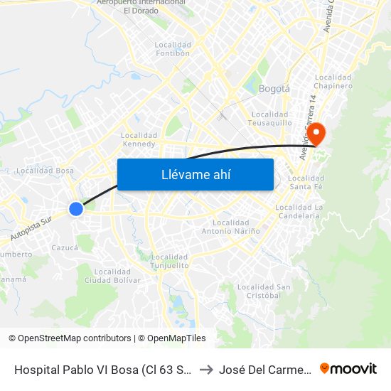 Hospital Pablo VI Bosa (Cl 63 Sur - Kr 77g) (A) to José Del Carmen Acosta map