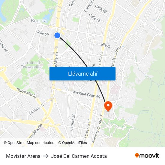 Movistar Arena to José Del Carmen Acosta map