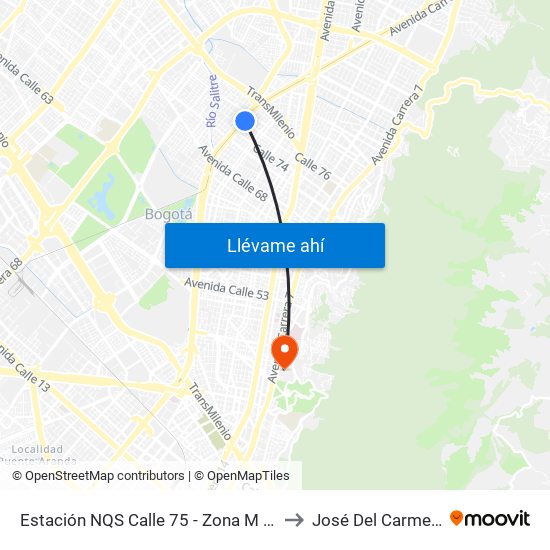Estación NQS Calle 75 - Zona M (Av. NQS - Cl 75) to José Del Carmen Acosta map