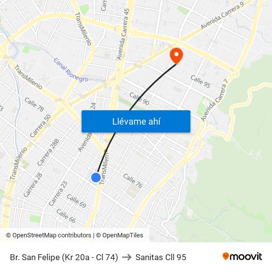 Br. San Felipe (Kr 20a - Cl 74) to Sanitas Cll 95 map