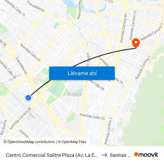 Centro Comercial Salitre Plaza (Av. La Esperanza - Kr 68b) to Sanitas Cll 95 map