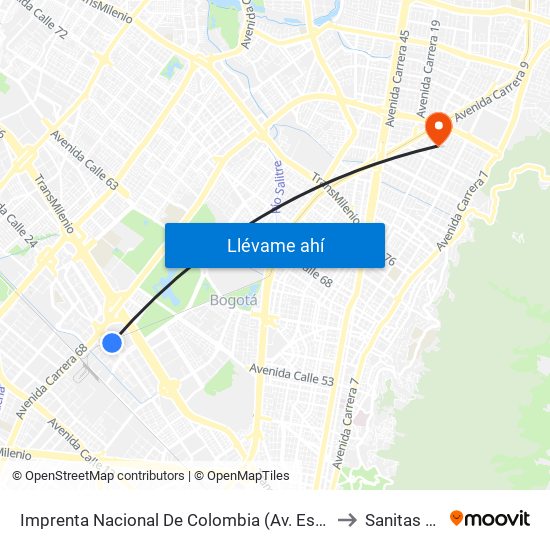 Imprenta Nacional De Colombia (Av. Esperanza - Kr 66) to Sanitas Cll 95 map