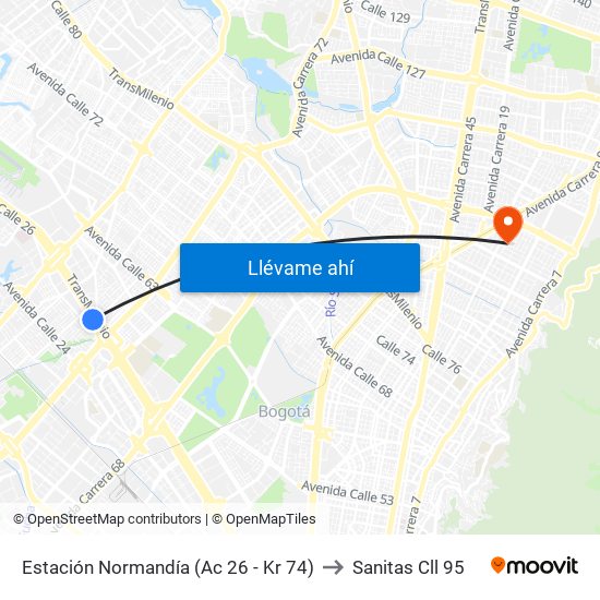 Estación Normandía (Ac 26 - Kr 74) to Sanitas Cll 95 map