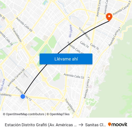 Estación Distrito Grafiti (Av. Américas - Kr 53a) to Sanitas Cll 95 map