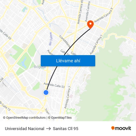 Universidad Nacional to Sanitas Cll 95 map