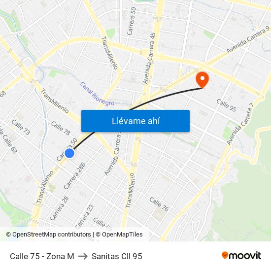 Calle 75 - Zona M to Sanitas Cll 95 map