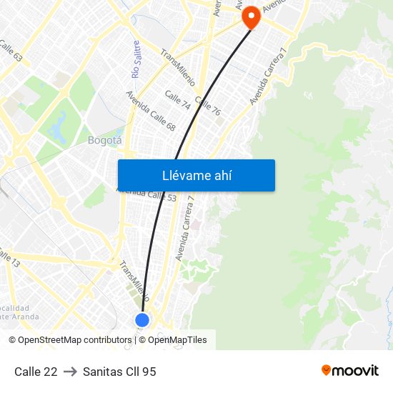 Calle 22 to Sanitas Cll 95 map