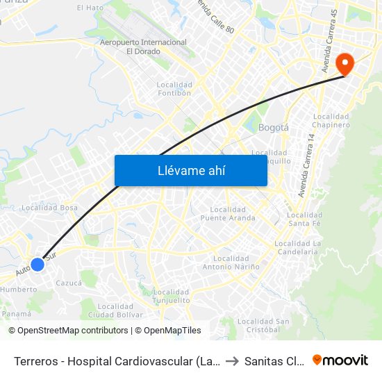 Terreros - Hospital Cardiovascular (Lado Sur) to Sanitas Cll 95 map