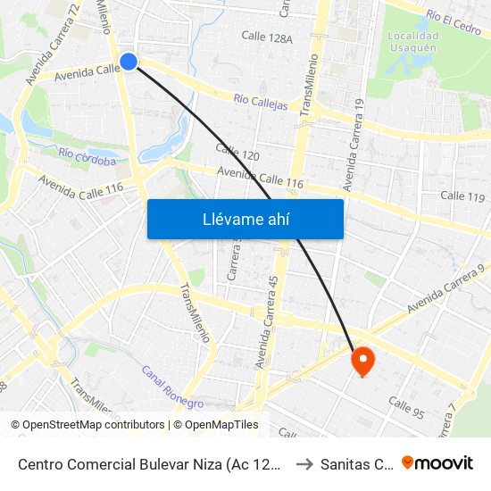 Centro Comercial Bulevar Niza (Ac 127 - Av. Suba) to Sanitas Cll 95 map