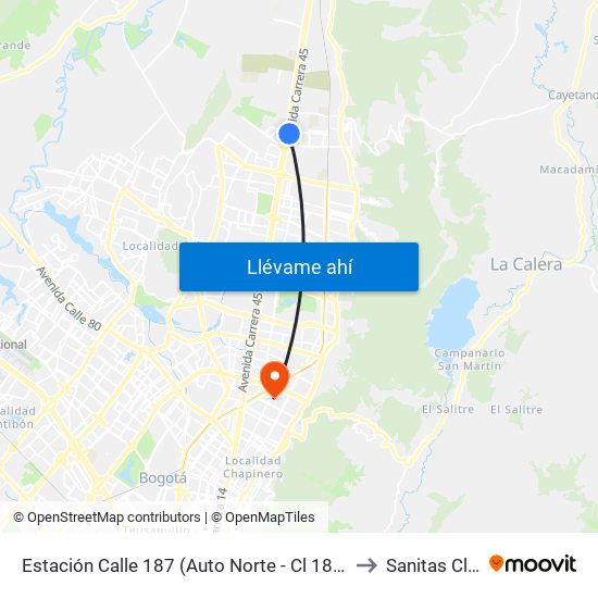 Estación Calle 187 (Auto Norte - Cl 187 Bis) (A) to Sanitas Cll 95 map