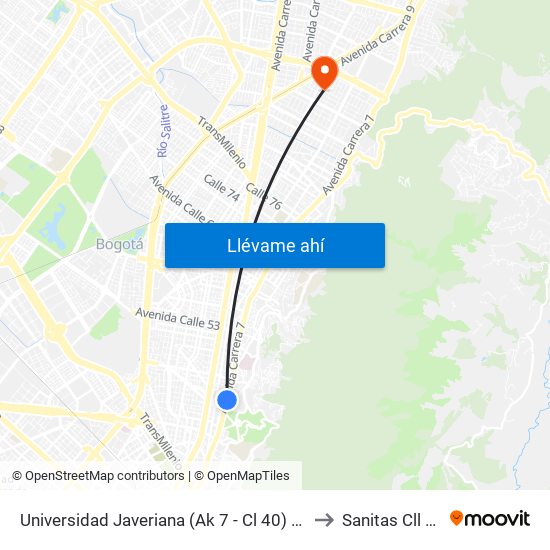 Universidad Javeriana (Ak 7 - Cl 40) (B) to Sanitas Cll 95 map