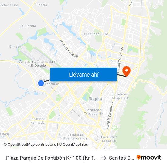 Plaza Parque De Fontibón Kr 100 (Kr 100 - Cl 17a) to Sanitas Cll 95 map