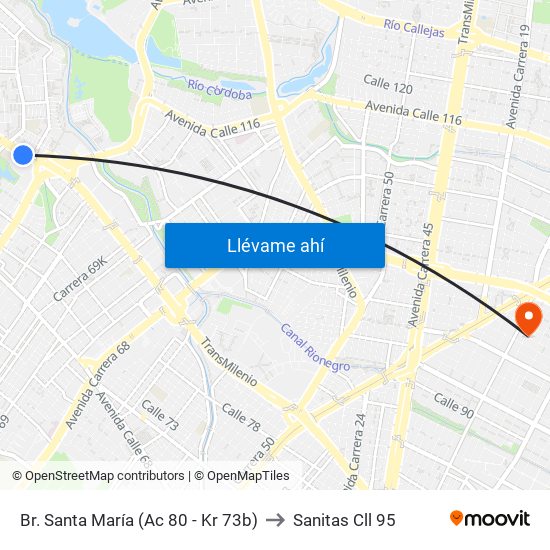 Br. Santa María (Ac 80 - Kr 73b) to Sanitas Cll 95 map