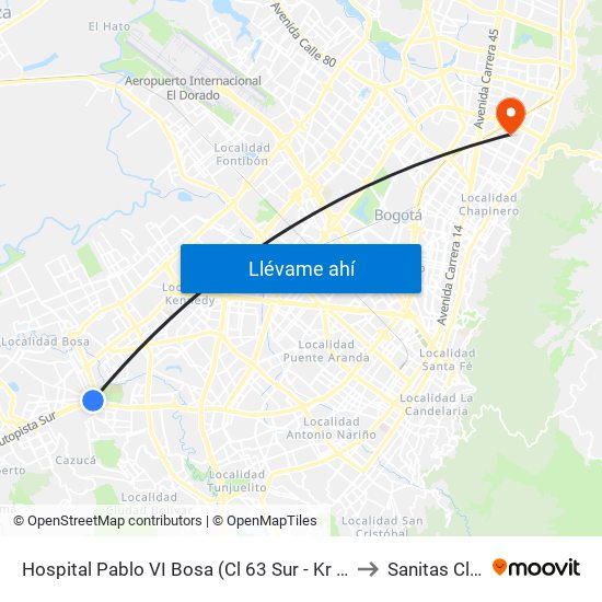 Hospital Pablo VI Bosa (Cl 63 Sur - Kr 77g) (A) to Sanitas Cll 95 map