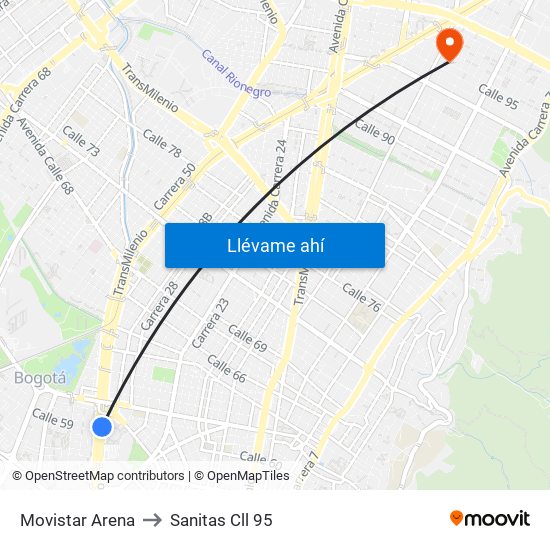 Movistar Arena to Sanitas Cll 95 map