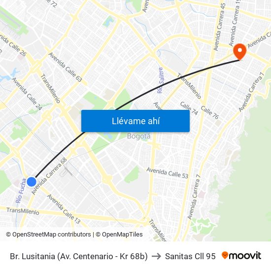 Br. Lusitania (Av. Centenario - Kr 68b) to Sanitas Cll 95 map