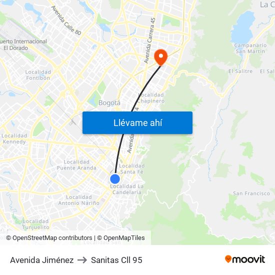 Avenida Jiménez to Sanitas Cll 95 map