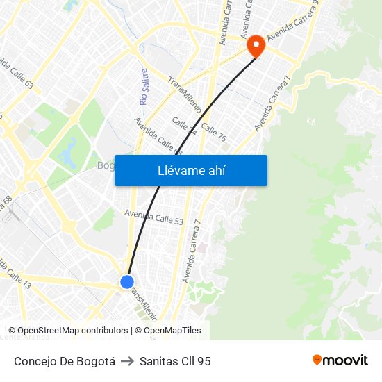 Concejo De Bogotá to Sanitas Cll 95 map