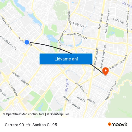 Carrera 90 to Sanitas Cll 95 map