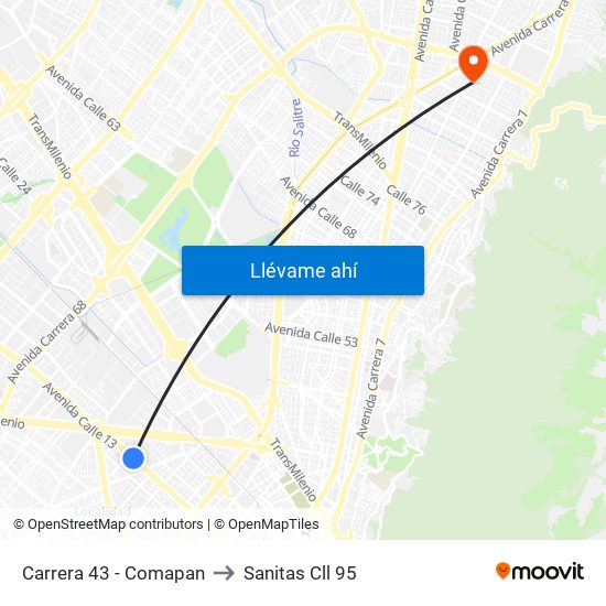 Carrera 43 - Comapan to Sanitas Cll 95 map