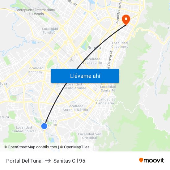 Portal Del Tunal to Sanitas Cll 95 map