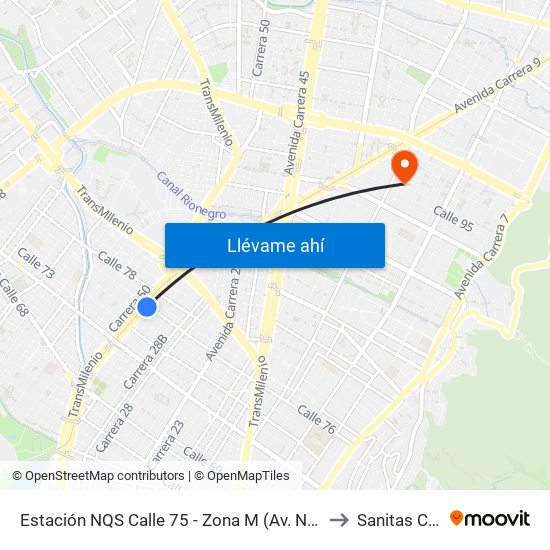 Estación NQS Calle 75 - Zona M (Av. NQS - Cl 75) to Sanitas Cll 95 map