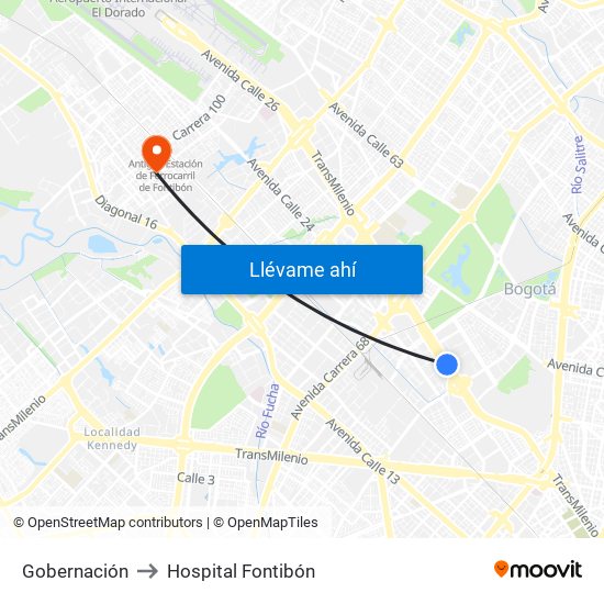 Gobernación to Hospital Fontibón map