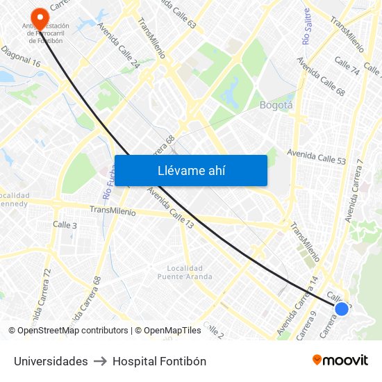 Universidades to Hospital Fontibón map