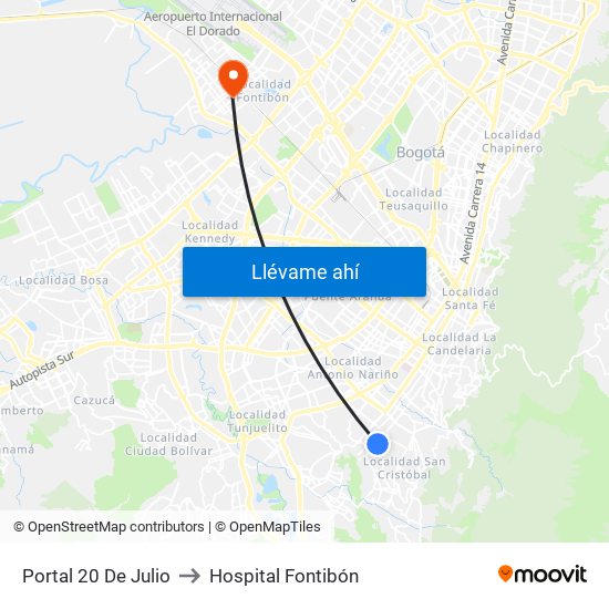 Portal 20 De Julio to Hospital Fontibón map