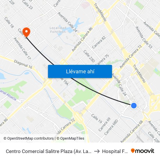 Centro Comercial Salitre Plaza (Av. La Esperanza - Kr 68b) to Hospital Fontibón map