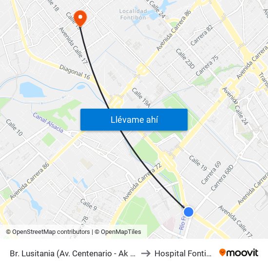 Br. Lusitania (Av. Centenario - Ak 68d) to Hospital Fontibón map