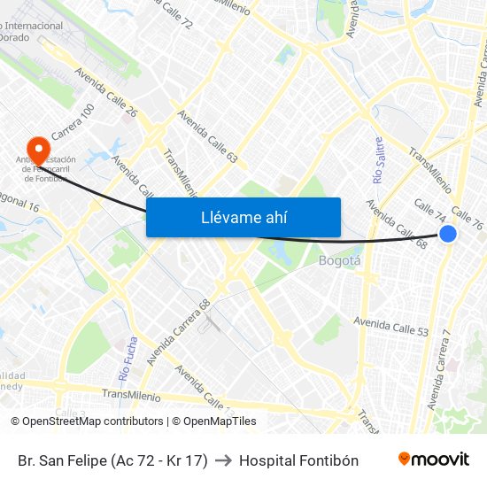 Br. San Felipe (Ac 72 - Kr 17) to Hospital Fontibón map