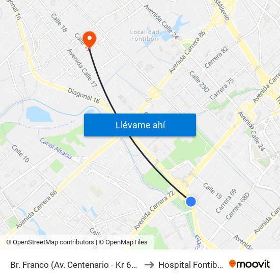 Br. Franco (Av. Centenario - Kr 69b) to Hospital Fontibón map