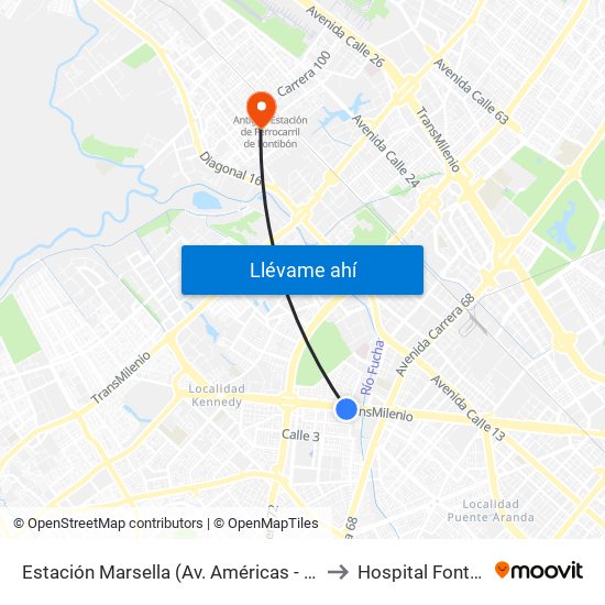 Estación Marsella (Av. Américas - Kr 69b) to Hospital Fontibón map