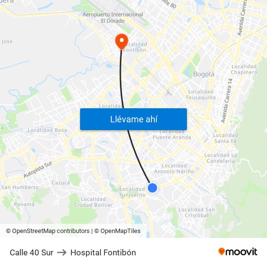 Calle 40 Sur to Hospital Fontibón map
