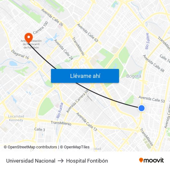 Universidad Nacional to Hospital Fontibón map