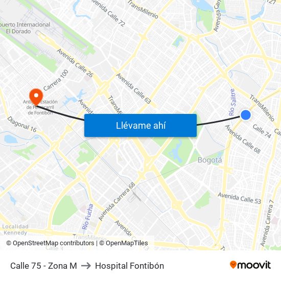 Calle 75 - Zona M to Hospital Fontibón map