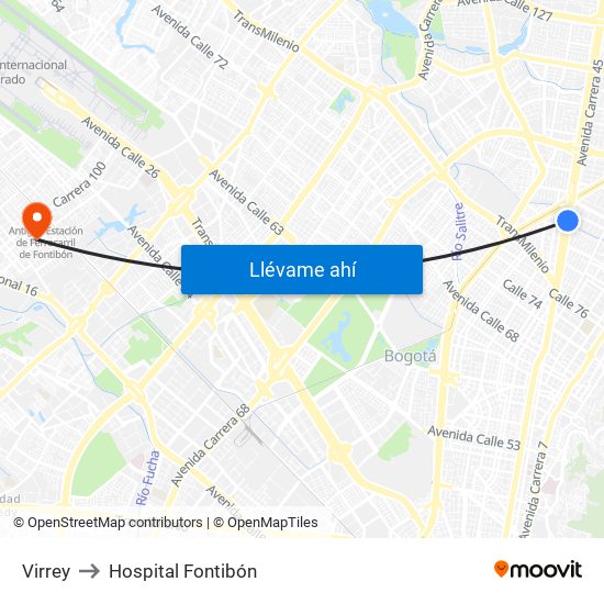 Virrey to Hospital Fontibón map