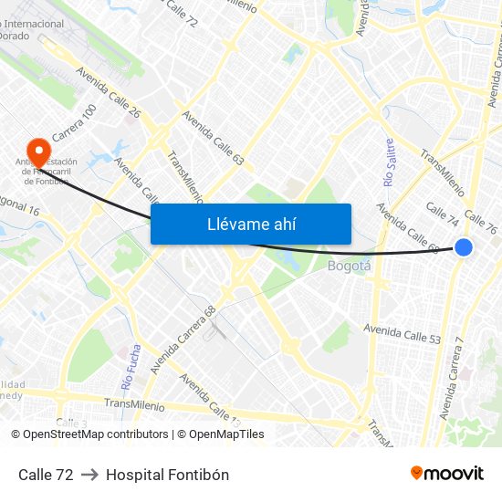 Calle 72 to Hospital Fontibón map