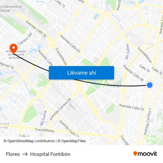 Flores to Hospital Fontibón map
