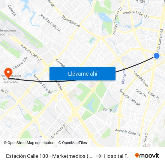 Estación Calle 100 - Marketmedios (Auto Norte - Cl 98) to Hospital Fontibón map