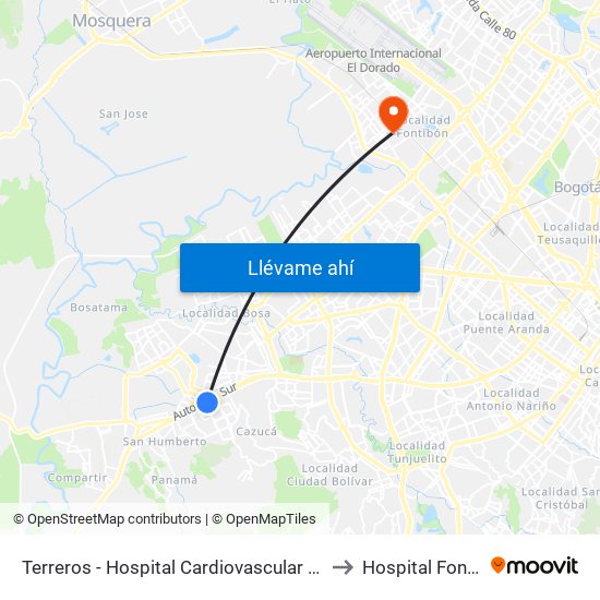 Terreros - Hospital Cardiovascular (Lado Sur) to Hospital Fontibón map