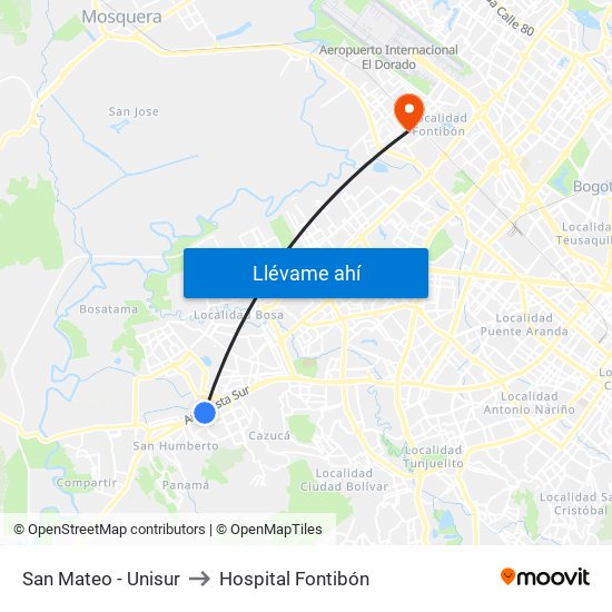 San Mateo - Unisur to Hospital Fontibón map